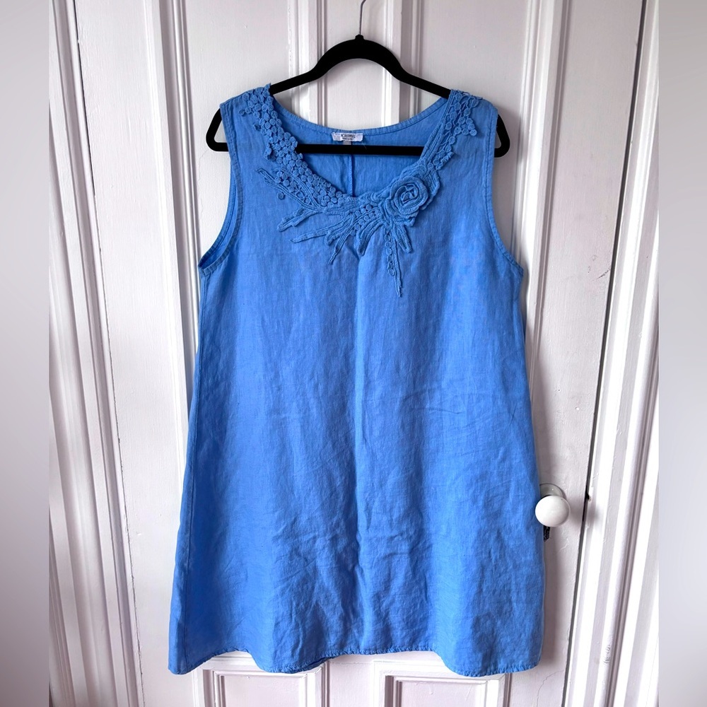 Rosemarine Made in Italy 100% Linen Sleeveless Shift Dress Periwinkle Embroidery
